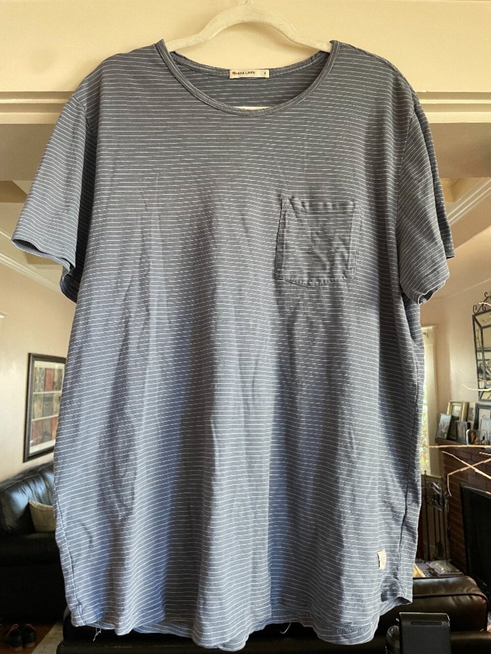 Marine Layer Dusty Blue Thin-Striped Short Sleeve Pocket Tee